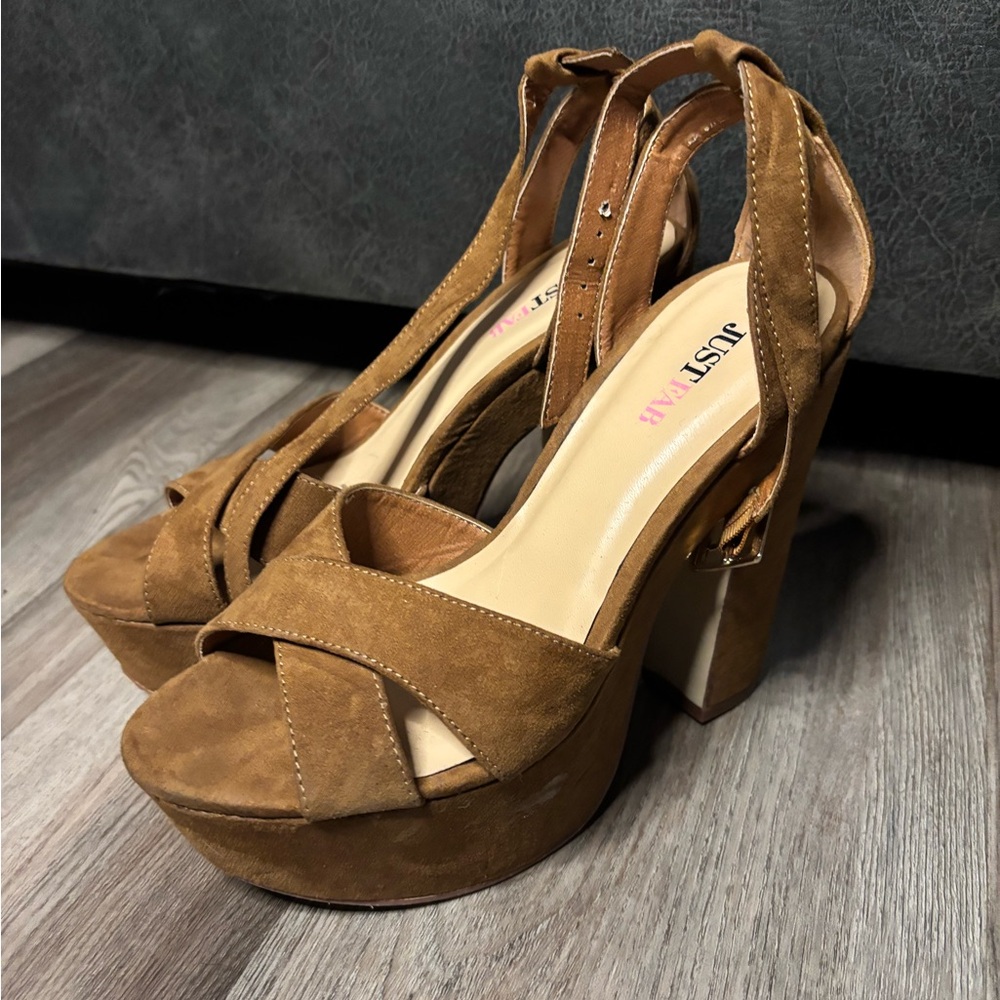 Size 7 Women’s Chestnut JustFab Fashion Open Toed Heels